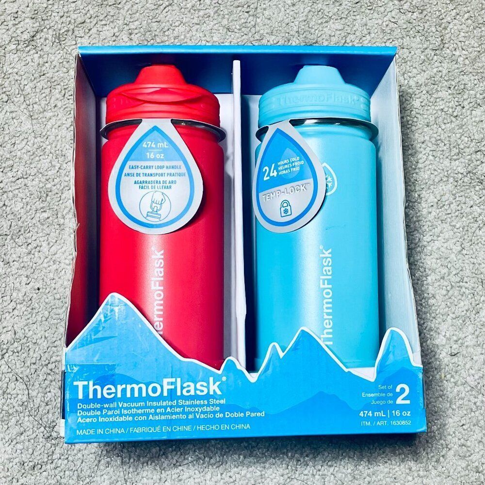 ThermoFlask 16oz Double Wall Vacuum Insulated Stainless Steel 2-Pack Waterbottle